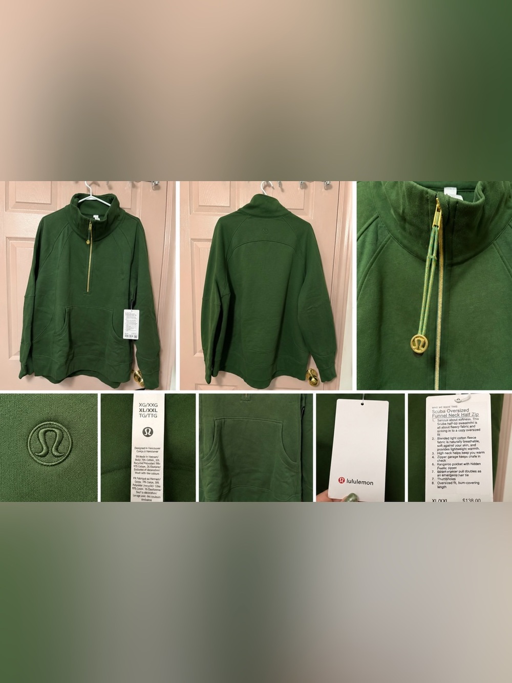 NWT Lululemon Scuba Oversized Funnel Neck Half Zip Green XL/XXL